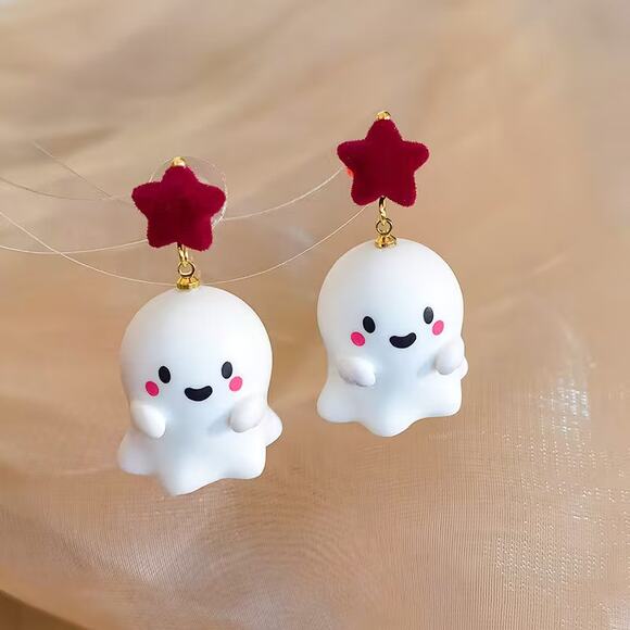 Cute Kawaii Halloween Spooky Red Star Ghost Drop Earrings - Picture 1 of 2